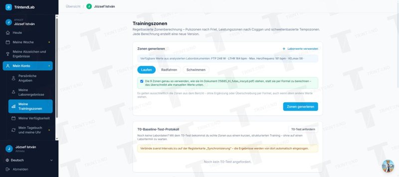 Mein Konto → Meine Trainingszonen: Zonen generieren und T0-Test anfordern