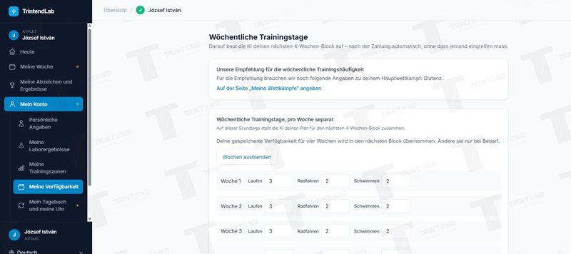 Mein Konto → Meine Verfügbarkeit: Trainingstage je Woche und Sportart