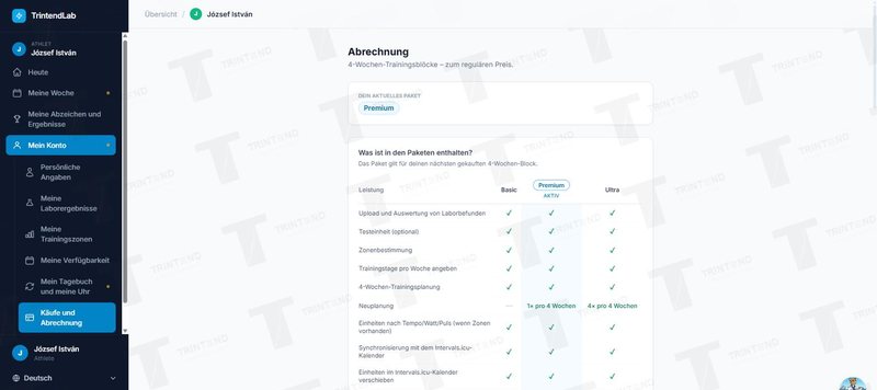 Käufe und Abrechnung: aktuelles Paket und Paketvergleich