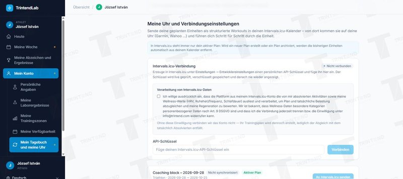 Mein Konto → Mein Tagebuch und meine Uhr: Intervals.icu-Verbindung und Einwilligung
