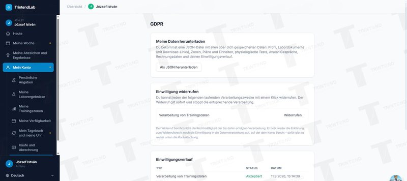 Mein Konto → Datenschutz: herunterladen, widerrufen, löschen
