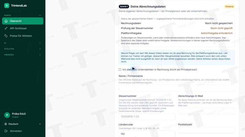 Rechnungsdaten: Speichern, Prüfung der Steuernummer und Adminfreigabe haben getrennte Statusanzeigen.