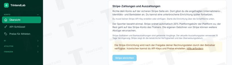 Konto → Übersicht → Stripe: Dieser Testtrainer benötigt zuerst die Freigabe.