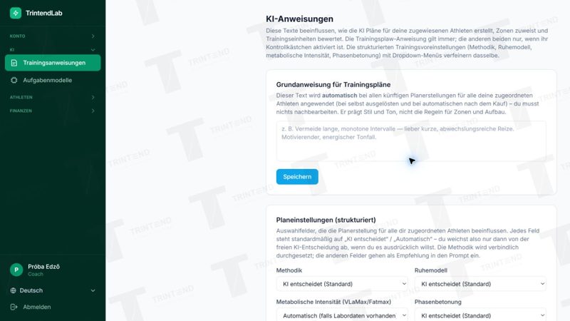 KI → Trainingsanweisungen: eigene Vorgaben und Planungspräferenzen.
