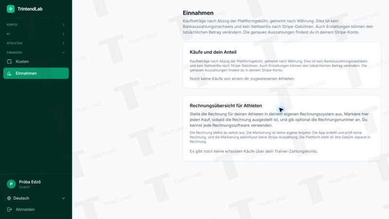 Finanzen → Einnahmen und Rechnungsvermerke; der Testtrainer hat noch keine Käufe.