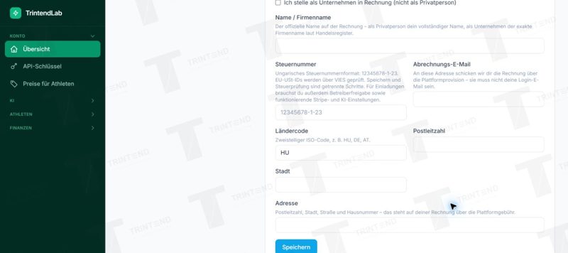 Rechnungsfelder und Speichern; beim Testtrainer sind die Daten noch nicht eingetragen.