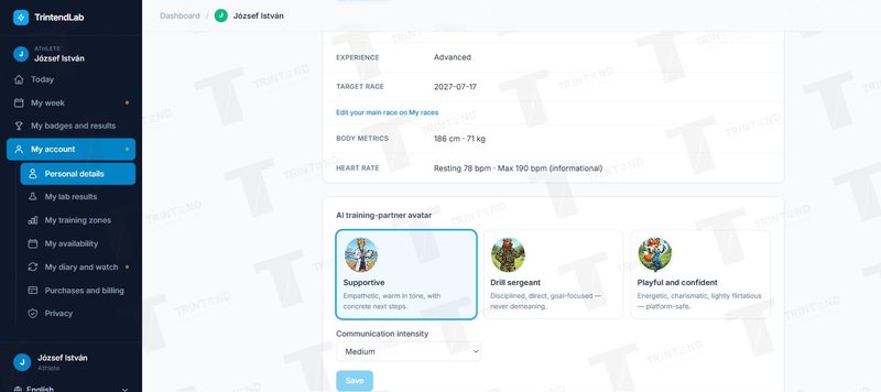 My account → Personal details → AI training-partner avatar