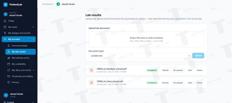 My account → My lab results: upload and evaluated reports