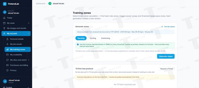 My account → My training zones: generating zones and requesting the T0 test