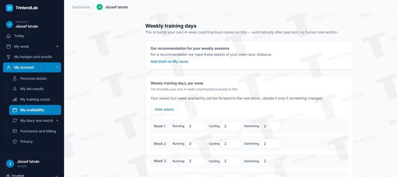 My account → My availability: training days per week and per sport