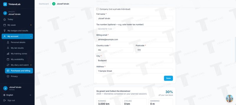 Purchases and billing: billing details (sample data)