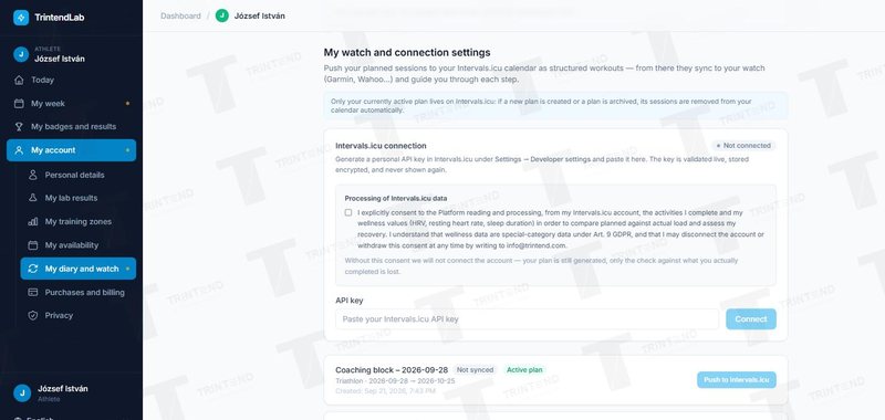 My account → My diary and watch: the Intervals.icu connection and consent