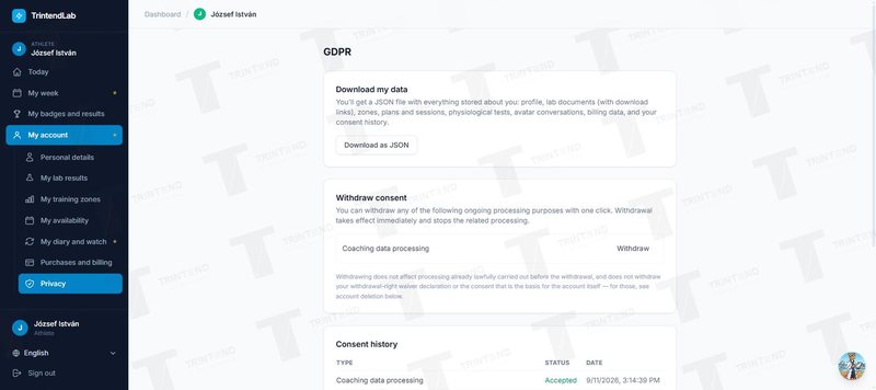 My account → Privacy: download, withdraw consent, delete