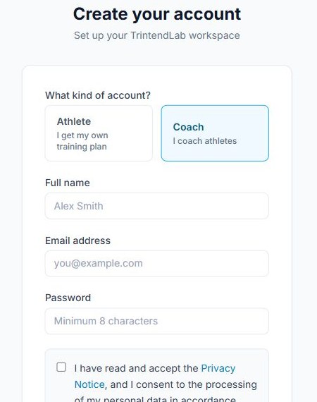 Choose Coach, then enter your own name, email address and password.