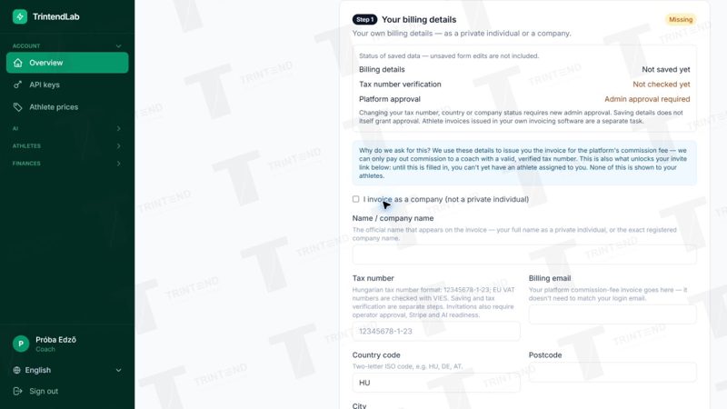 Billing details: saving, tax number verification and admin approval have separate statuses.