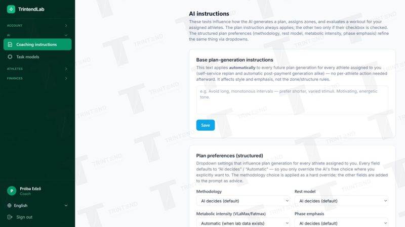 AI → Coaching instructions: your own instructions and planning preferences.
