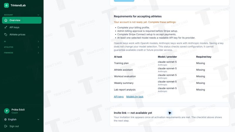 Invitation link: the app shows which settings are still needed before it becomes available.