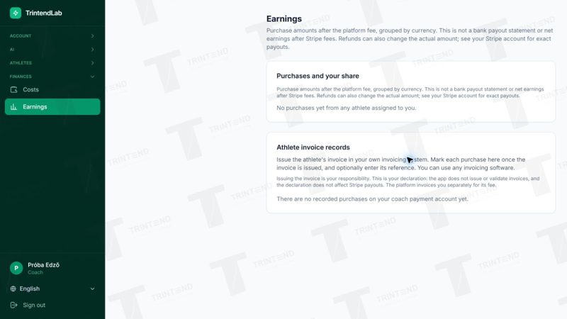 Finances → Earnings and athlete invoice records; the test coach has no purchases yet.