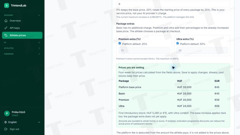 Calculated HUF/EUR package prices and the first introductory block.