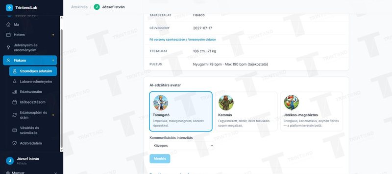 Fiókom → Személyes adataim → AI-edzőtárs avatar