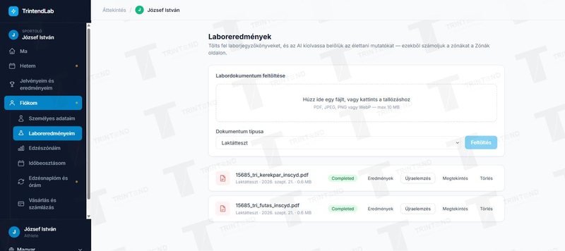 Fiókom → Laboreredményeim: feltöltés és a kiértékelt jegyzőkönyvek