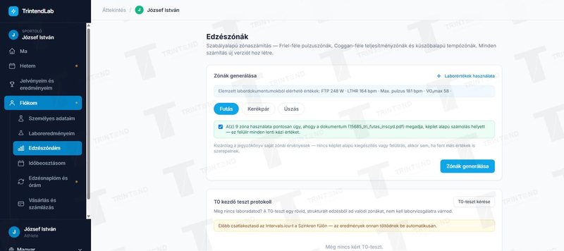 Fiókom → Edzészónáim: zónák generálása és a T0-teszt kérése