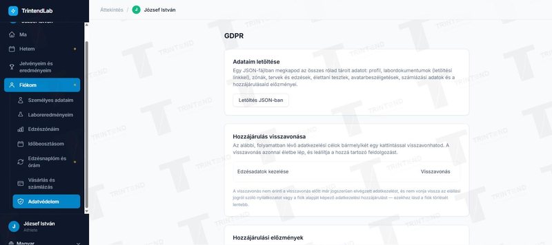 Fiókom → Adatvédelem: letöltés, visszavonás, törlés