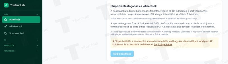 Fiók → Áttekintés → Stripe: ebben a próbaállapotban előbb jóváhagyás szükséges.