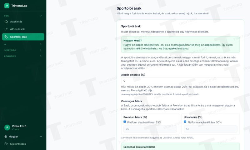 Fiók → Sportolói árak: saját áremelés és csomagfelárak.