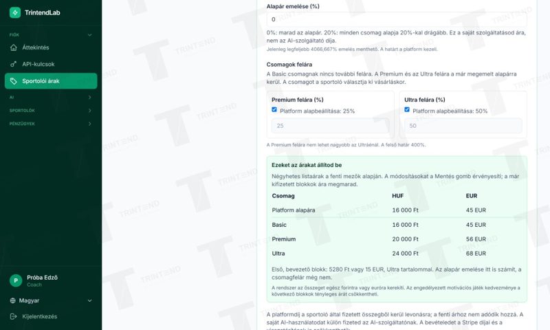 A kiszámolt HUF/EUR csomagárak és az első bevezető blokk ára.